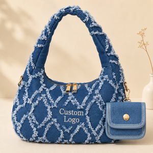 Borsa a Spalla in Denim Sfilacciato OEM, Stile Y2K, Borsa Hobo Distressed con <span class=keywords><strong>Mini</strong></span> Pochette, Borsa a Mano Street Style per Donne, Blu - Product Image 1