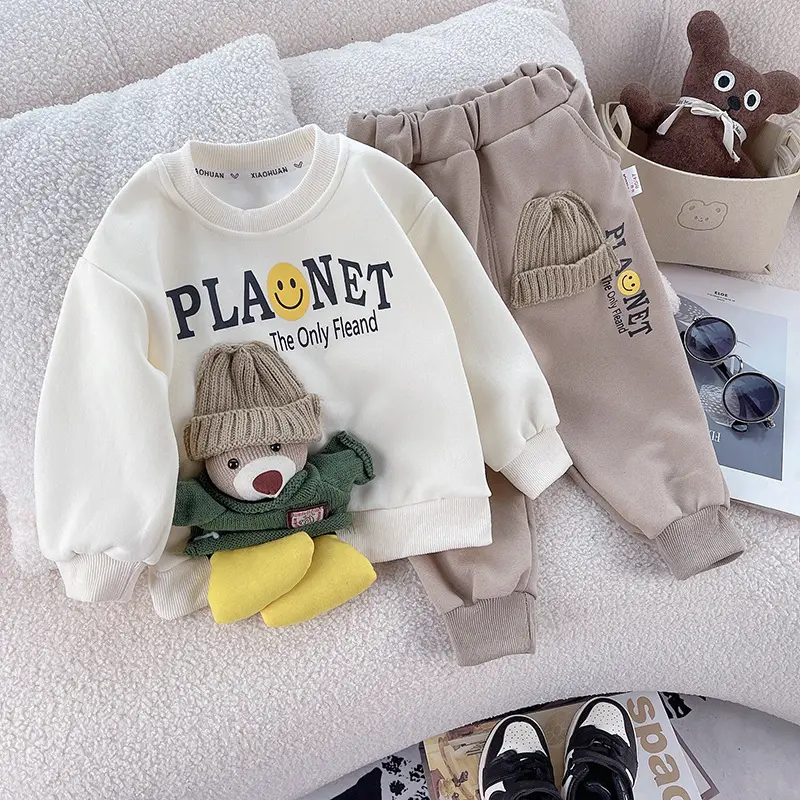 Nouveaux garçons et filles enfants vêtements garçons dessin animé 3D tricoté ours bébé vêtements deux pièces à capuche ensemble vêtements pour enfants