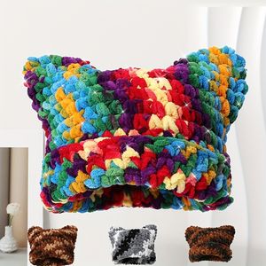 PARTYMENT Bonnet en tricot d'hiver pour femmes et hommes, fait main, rayé arc-en-ciel, crochet, oreilles de chat, style grunge, bonnet ample - Product Image 2