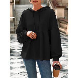 Sweat-shirt ample à capuche pour femme, manches longues, avec cordon de serrage et ourlet peplum, en maille décontractée - Product Image 2