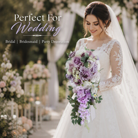 Buket Pengantin Buatan Warna Ungu Lilac Gaya Eropa dengan Bentuk Tetesan Air Terjun dan Daun Hijau untuk Upacara Pernikahan Bunga Palsu.
