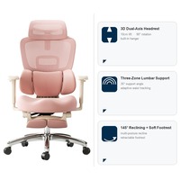 Chaise de bureau ergonomique moderne pour cadres, dossier haut, appui-tête réglable, support lombaire, repose-pieds extensible, maille respirante, rose