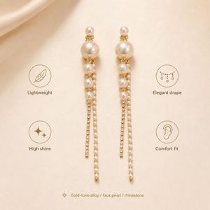 Long Pearl <b>Dangle</b> <b>Earrings</b> Full <b>Diamond</b> Simulated Pearl Tassel Drop <b>Earrings</b> Gold Plated Long Pearl <b>Earrings</b> for Women - Product Image 6