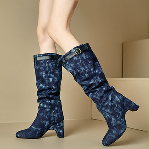 Botas Altas de Mezclilla Anchas para Mujer, Talla Grande 48, con Tacón de Cuña Grueso, Estilo Vaquero, Holgadas, con Hebilla de Cinturón, Botines Largos - Product Image 4