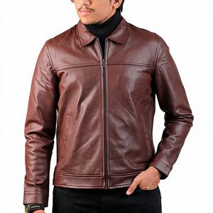 <b>Mens</b> Brown Leather <b>Jacket</b> Real Lambskin Stand Collar Breathable Zip Casual <b>Trucker</b> Style Fall Winter Outerwear Fashion - Product Image 1