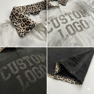 Custom Printed T-shirt Vintage Acid Wash Distressed Polo Shirt Men Oversized Boxy Fit Leopard Collar Streetwear Heavyweight Tee - Product Image 3