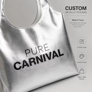 Sac fourre-tout en cuir PU argenté métallisé pour femmes, grande capacité, sac à main de shopping tendance, logo personnalisé, fournisseur OEM ODM - Product Image 1