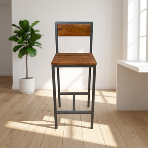 Chaise de bar industrielle moderne avec assise et dossier en bois, structure en métal, pour bar à domicile, cuisine, café, restaurant. - Product Image 5
