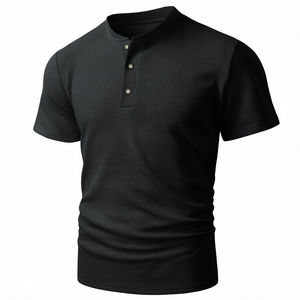 <b>Black</b> Waffle Knit <b>Men</b> Henley T <b>Shirt</b> <b>Slim</b> <b>Fit</b> Short Sleeve Casual Summer Tee Solid Color O-Neck Top - Product Image 1