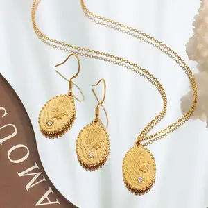 Vintage Grain Oval Cameo Jewelry Sets 18K Gold Plated Stainless Steel Zircon Inlay Portrait Women Relief Necklace Earring Sets