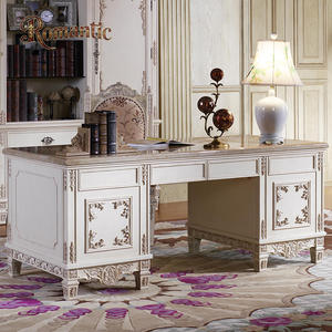 Set di Mobili Classici Francesi di Lusso per Ufficio Domestico, Scrivania Bianca in Legno Massello Intagliato a Mano con Libreria e Armadietto - Product Image 6
