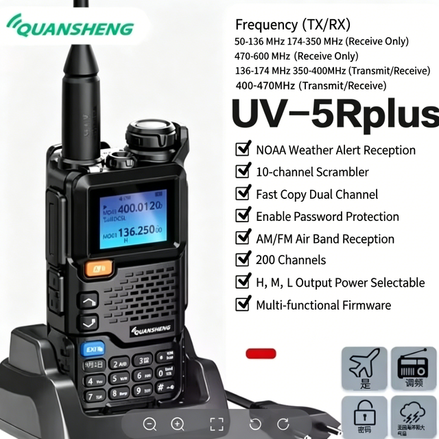 Quansheng UV-5R Plus Handheld Radio 10W High Power Walkie Talkie with 200 Channels AM/FM Aviation Reception for Outdoor Use