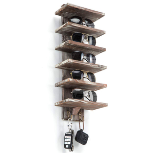 Rustic Wood Wall Mount Sunglasses Organizer 6 Tiers Rack with 2 Hooks Glasses Storage Box Display Cabinet for Jewelry Watches