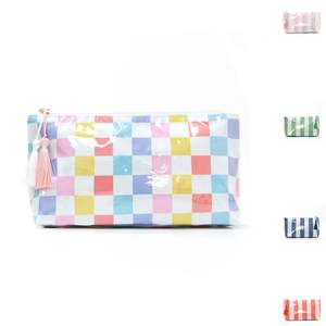 Bolsa de Cosméticos Portátil Impermeable de Alta Calidad con Diseño de Tablero de Ajedrez Colorido, con Borla y Cierre de Cremallera, de PVC, para Viaje - Product Image 1