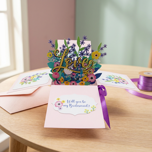 Carte pop-up 3D tendance Viet-craft avec fleurs violettes en boîte, artisanat en papier découpé au laser fait main, personnalisé, artistique et de collection - Product Image 4