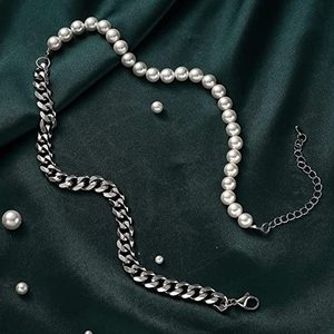 Corrente punk masculina, corrente vintage de estilo prata e ouro, de aço inoxidável, feita à mão, colar de pérola, meia corrente - Product Image 5