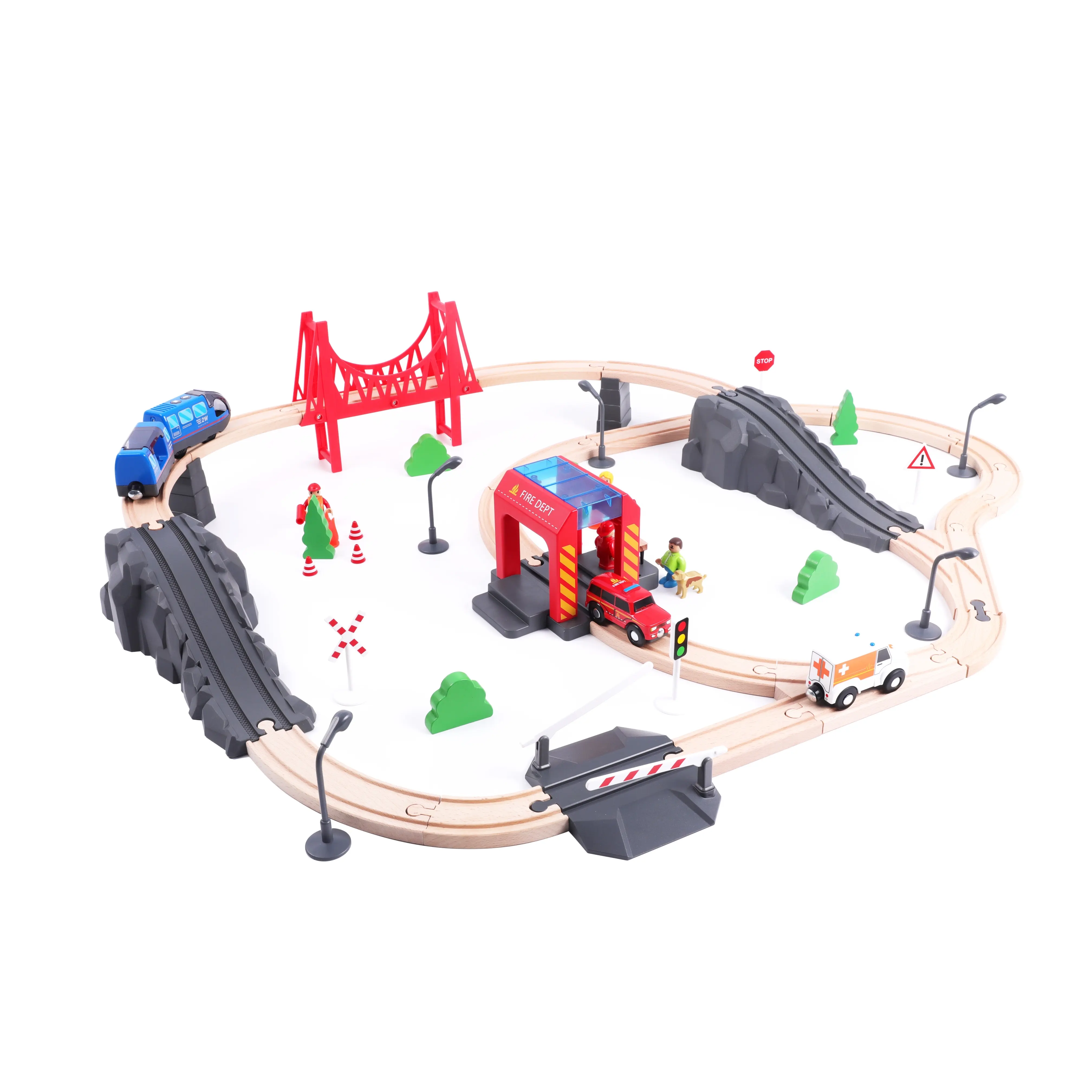 Train électrique éducatif en bois, jeu de jouets avec pont et rampe, vente en gros directement à l'usine,