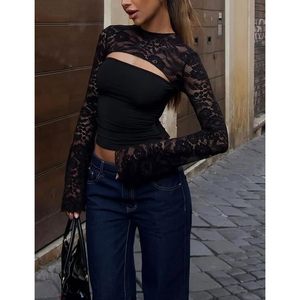 Top Corto de Encaje de Manga Larga para Mujer, Cuello Alto, Corte Ajustado, Negro, para Fiesta Nocturna - Product Image 5