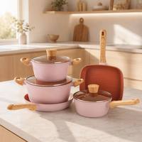 Offre Spéciale Usine : Batterie de Cuisine 8 Pièces en Céramique Rose Antiadhésive, Casseroles et Poêles en Aluminium Forgé avec Plaque Grill, Compatible Induction