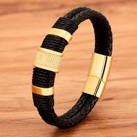 Bracelet en cuir véritable tressé double couche de luxe pour homme, fermoir magnétique en acier inoxydable 316L, vente en gros