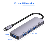 Hub USB 3.0 Type-C 5-en-1 avec alimentation 5V en alliage d'aluminium 5 Gbit/s pour extension d'ordinateur portable/tablette/téléphone portable - En stock