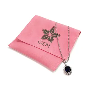 Custom Logo Printed Flap Pink Necklace Jewelry Velvet Pouch For Packaging Necklace