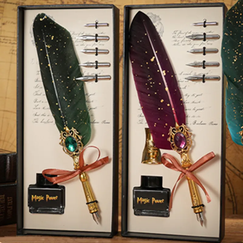 Ensemble de stylos rétro en forme de diamant et de plumes dorées de style européen Cadeaux de promotion d'entreprise pour hommes et femmes Souvenirs d'anniversaire