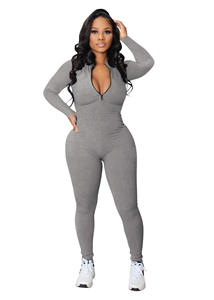 Customized Logo Fashion One Piece <strong>Zip</strong> <strong>up</strong> Plus Size Jumpsuits for Women Solid Sports Fitness <strong>Playsuits</strong> - Product Image 3