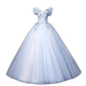 Off-Shoulder Ball Gown Sky Blue Tulle Empire Waist Floral Print Evening Dress For Stage Performance Hostess - Product Image 5