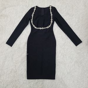 Yeni yaz kadın siyah uzun kollu lüks elmas Hollow sıkı ve seksi ünlü kokteyl parti bandaj elbiseler - Product Image 4