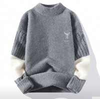 Pull en velours de vison confortable |   Pull en tricot chaud d'hiver pour homme avec poignets rayés et logo brodé, doublure en polaire douce