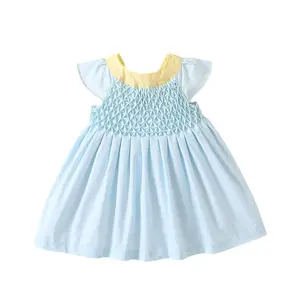 नई ट्रेंडी लड़कियों के कपड़े फ्रेंच स्टाइल कॉटन बो ड्रेस फैशन फ्लाइंग स्लीव्स हैंड स्मोकिंग प्रिंसेस ड्रेस बेबी गर्ल के लिए