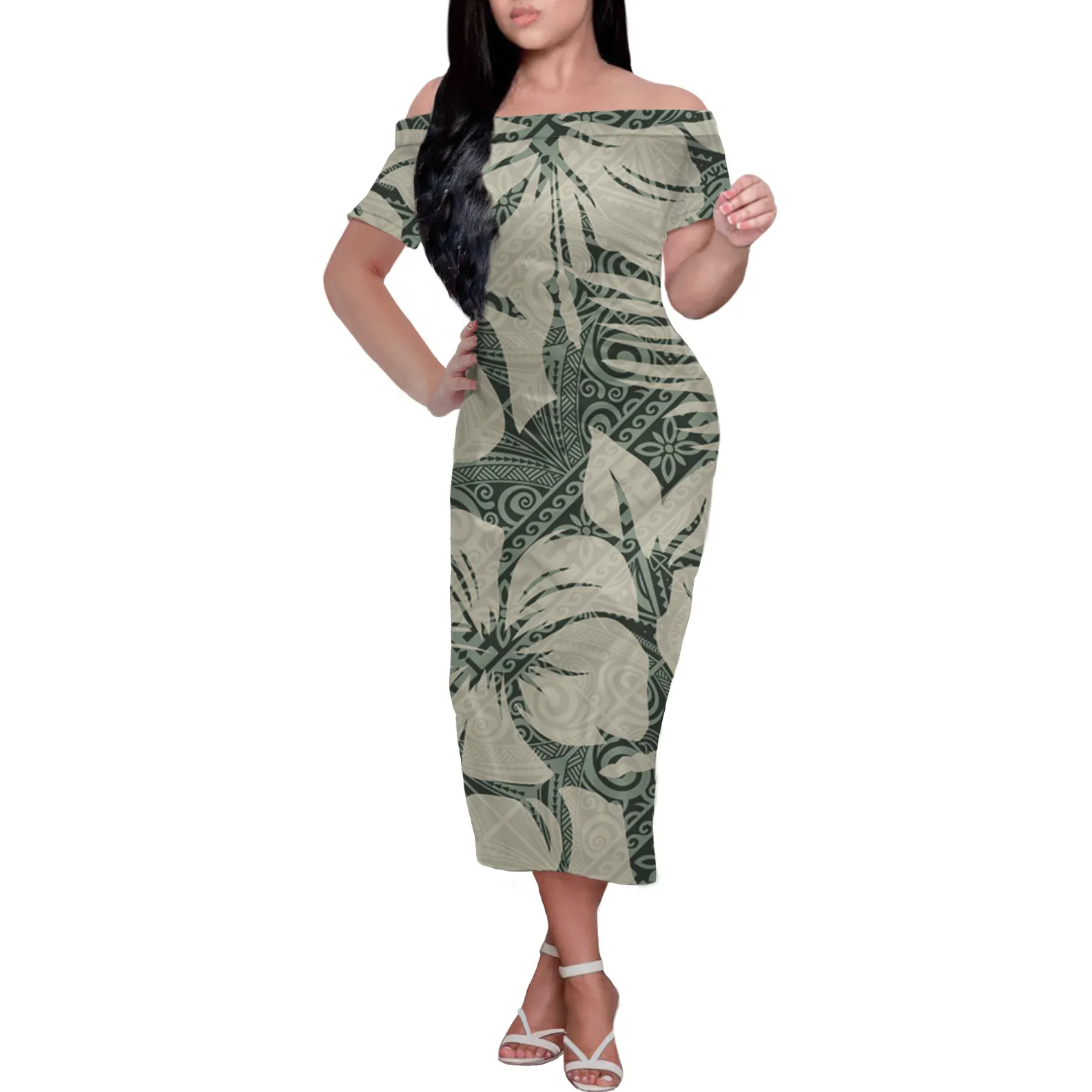 Golden Samoan Natural Design Tattoo Symbol Women Bodycon Dress Tribal Clothing Custom Women Off-Shoulder Dresses Short Sleeve