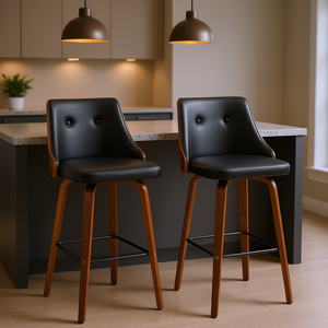 Ensemble de 2 tabourets de bar pivotants à hauteur de comptoir, en cuir PU noir, base en bois, design moderne du milieu du siècle, pour salle à manger - Product Image 2