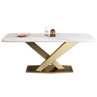 Mesa de Comedor Rectangular Contemporánea con Tapa de Piedra Sinterizada y Base Cruzada Dorada de Metal, Muebles Modernos para el Hogar