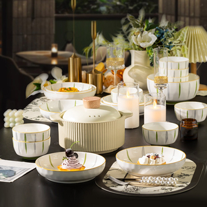 Vaisselle en céramique de style nordique européen, très vendue, résistante au lave-vaisselle et au four, service de table rond de 58 pièces, assiettes et bols - Product Image 6