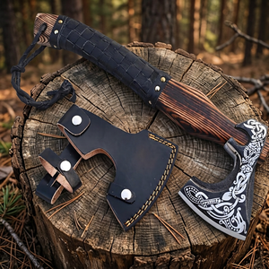 Viking Tomahawk Hatchet With Engraved Steel <b>Head</b> Wood Handle Leather Sheath Survival Axe Outdoor Use - Product Image 4