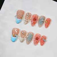 Uñas postizas acrílicas profesionales de cobertura completa estilo almendra, pre-diseñadas, estilo francés, para pegar en el salón, uñas de dedo tipo stiletto con diseño de mariposa
