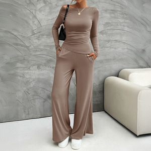 Ensemble deux pièces pour femmes, style européen américain Y2K, Spice Girl, décontracté, polyvalent, t-shirt à manches longues uni, pantalon long, rétro, tendance - Product Image 4