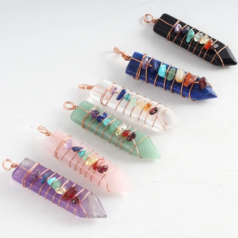 Wholesale 7 Color Chakra crystal point Natural Crystal Stone wand wire wrapped quartz Pendant pendulum for reiki