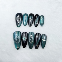 Uñas artificiales; forma de uñas de almendra; uñas verdes frescas de ojo de gato; fábrica de alta calidad al por mayor.