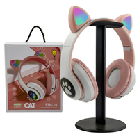 Headphone LED STN28 Berkualitas Tinggi dengan Desain Telinga Kucing, Peredam Kebisingan, untuk Dewasa, Anak-anak, dan Perempuan, Dilengkapi Lampu, Nirkabel, dengan Mikrofon, Kartu TF, dan Radio FM