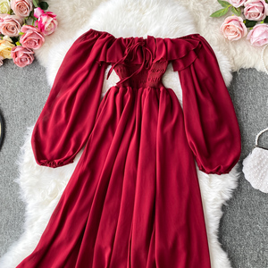 Femmes Slash cou à manches longues robe mi-longue femme jaune/rouge/rose taille haute à volants grande balançoire robes en mousseline de soie mode grande balançoire - Product Image 2
