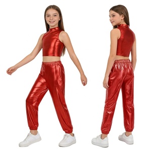 Haut court métallisé pour filles de 6 à 16 ans avec pantalon brillant pour entraînement, gymnastique, costumes de spectacle, compétition de danse latine et de danse de salon - Product Image 4