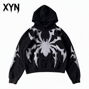 Felpa con Cappuccio Corta Streetwear con Stampa Ragno Y2K Goth Oversize con Spalle Cadenti, Pullover Casual Unisex - Product Image 1