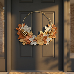 Corona Rústica de Hojas Otoñales con Bayas Metálicas, Flores Decorativas Hechas a Mano, Corona Redonda sin Luces para Acción de Gracias - Product Image 5