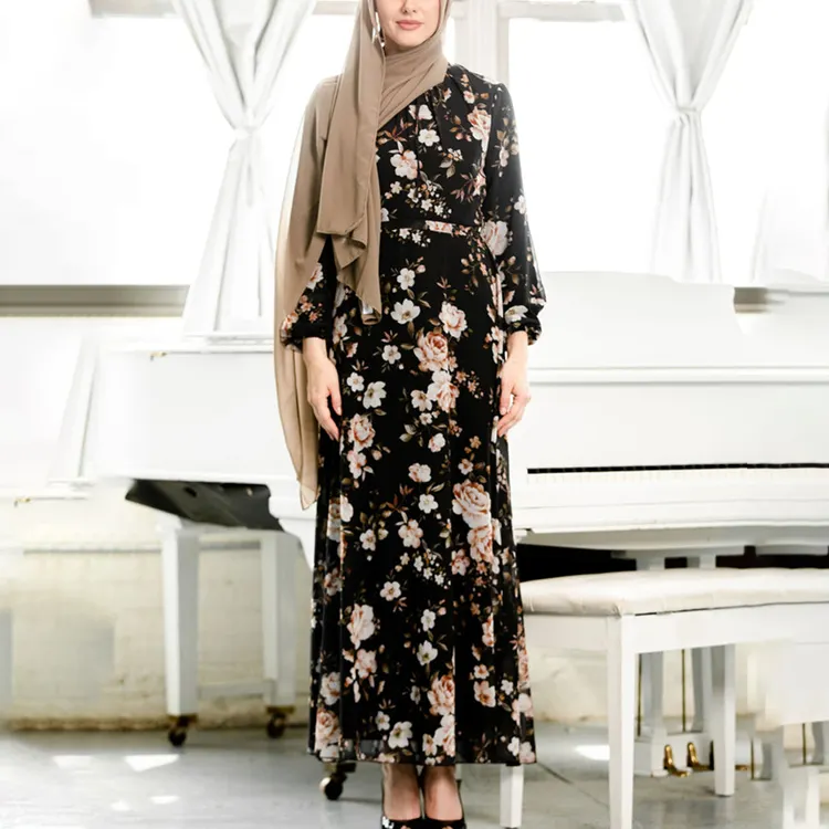 OEM Novo Tecido Chiffon Impressão Verde Floral Longo Abaya Modesto Vestido Muçulmano Mulheres Kaftan Dubai Jilbab Vestuário Islâmico