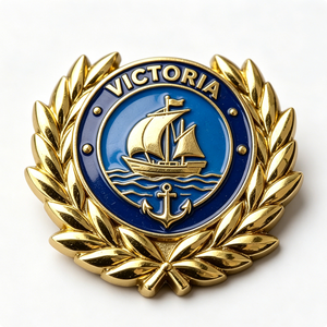 Badge Victoria en émail dur plaqué or, emblème souvenir circulaire avec motif bateau et ancre - Product Image 3