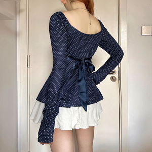 Elegant <b>Women</b> s Polka Dot Square Neck <b>Long</b> Sleeve <b>T</b> <b>Shirt</b> Waist Shaping Bow Detail A <b>Line</b> Autumn Casual Top - Product Image 3