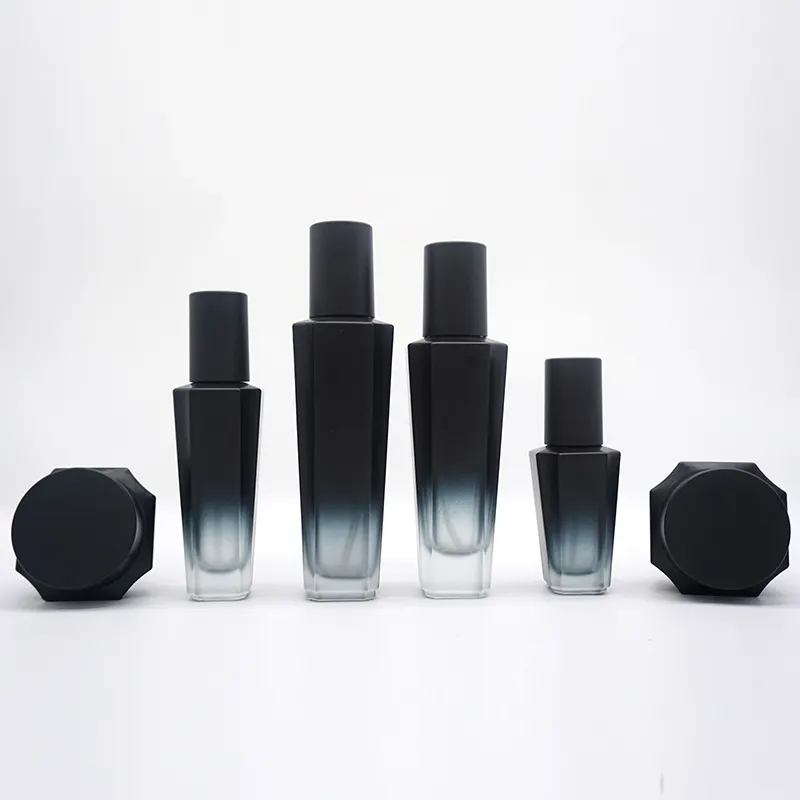 Gradient Black Foundation Bottle Customized Cosmetic Glass Spray Bottle Cream Jar Makeup Container Packaging set for Skin care